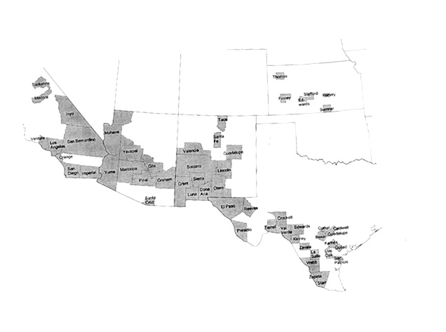 Map 2: Hispanic Oversample Counties in California, Arizona, New Mexico, Texas and Kansas